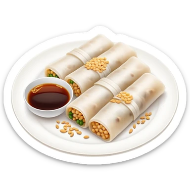 Cantonese rice noodle roll Cheung Fun with soy sauce and sesame seeds, simplified emoji style with bold outlines and bright colors, cartoon style translucent rolled rice sheets on plate sticker