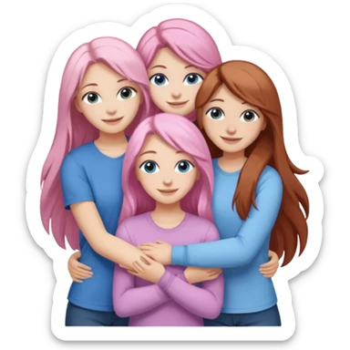 four white girlfriends hugging and smiling    2 girls with brown eyes and long dark brown hair. One with long light pink hair and blue eyes, one girl with blue eyes and light blonde hair sticker