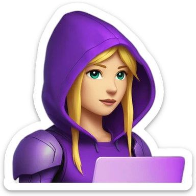 Girl developer behind his laptop with this style : Nintendo Samus Video game neon glowing bright purple character purlple black hooded hacker themed character sticker
