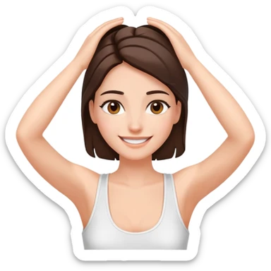 Attractive Brunette girl smiling in white tank top with hands on her head sticker