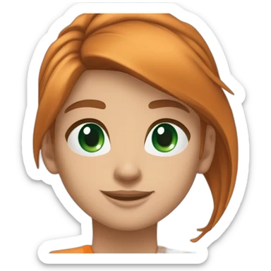 beautiful white teenage girl long straight brown hair high ponytail emerald green eyes sunset orange shirt smile sticker