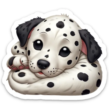 Meme-Worthy Cute Sleeping Spotted Dalmatian Portrait Emoji, Head resting peacefully with a contented smile, showcasing a delightfully majestic build and a luxuriously soft Fur of predominantly white with bold black patches, eyes shut in a serene nap, Simplified yet hilariously adorable features, highly detailed, glowing with a soft, drowsy light, high shine, relaxed and utterly lovable, stylized with an air of playful laziness, bright and heartwarming, soft glowing outline, capturing the essence of a comically sleepy guardian, so meme-worthy it feels like it could instantly become the next viral sensation of adorable slumber! sticker