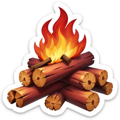 Cinematic Realistic Campfire, a roaring flame crackling atop carefully arranged logs, embers glowing deep red, golden light casting soft flickering shadows, gentle smoke drifting upwards, glowing with warmth and coziness. sticker