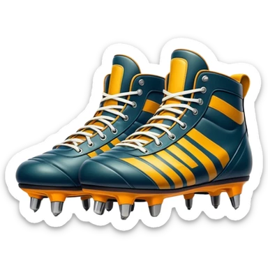 Cinematic Realistic image of a pair of rugby boots, showcasing sturdy leather construction, detailed cleat patterns and textured surfaces, illuminated by vibrant outdoor lighting that captures their athletic purpose sticker