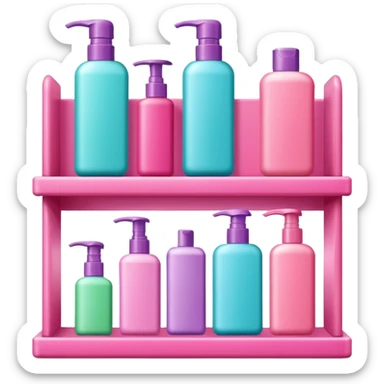 Shampoo bottle, color tube, and conditioner on a pink shelf sticker
