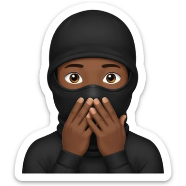 🥷🏽: inspire toi de cet emoji faisant en sorte qu’il est les mains sur la bouche et garde sa cagoule noir avec uniquement ses yeux apparent sticker