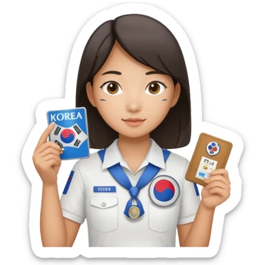 A young Asian guide holding her tour license in both hands, wearing a white shirt with the South Korea badge on her chest. sticker