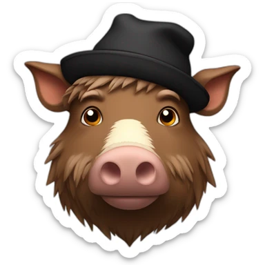 Sad brown boar with stubble in a black winter hat sticker