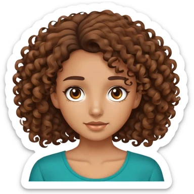 a curly brown hair girl with brown eyes tan skin and a teal top with flare  sticker