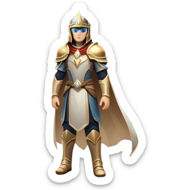 An icon featuring a hero with a closed visor, standing in a majestic, mystical landscape, inspired by RPGs like Elden Ring. The design includes a stunning, ethereal background with towering castles and distant mountains, symbolizing the adventure and mystery. Transparent background sticker
