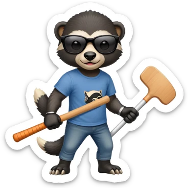 mischievous anthropomorphised honey badger in jeans and a t-shirt, wearing sunglasses, holding a hockey stick sticker