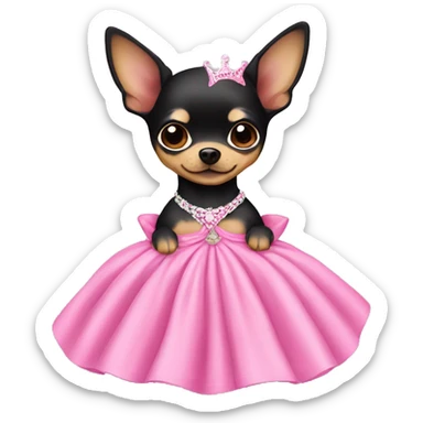 black & tan chihuahua puppy wearing a pink princess dress sticker