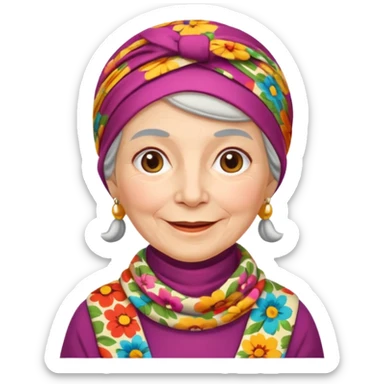 A kind old Russian village grandmother emoji — elderly woman wearing a bright floral headscarf tied under her chin, colorful patterned dress, warm smile, simple rural look. Flat minimal emoji style, clean Apple-like design. sticker