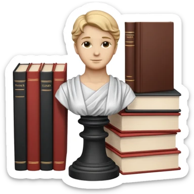Minimalistic flat vector icon, iOS style, thin black contour on white background. Bust statue on a small pedestal next to a stack of books, symbolizing classic literature. Clean, no text, no shadows sticker