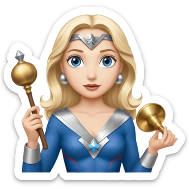 Blonde blue eyes Wonder Woman holding bell and short white orchestra conductor’s baton  sticker