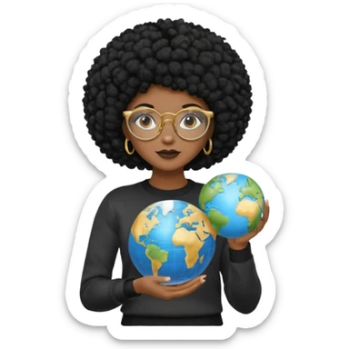 a young woman wearing gold round glasses and black afro hair, she has light black skin, she's wearing a professional sweater and she's holding a globe in her hand sticker