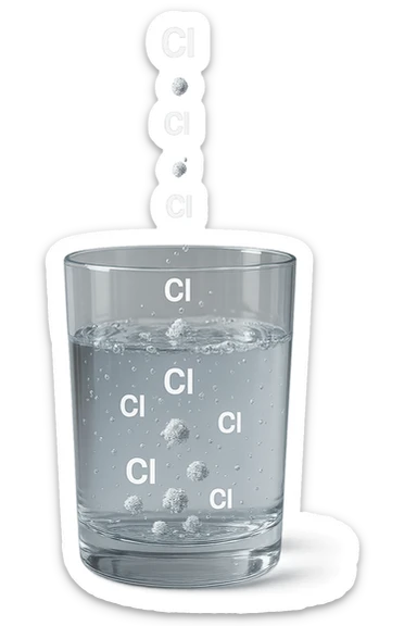 un bicchiere di acqua fluttua in aria realistico e dettagliato, dentro l'acqua del bicchiere ci sono particelle di cloro ben visibili con la scritta "Cl" sopra, ci sono particelle anche che escono dal bicchiere e fluttuano in aria verticalmente, mentre alcune sono all'interno dell'acqua nel bicchiere, iperrealistico 4k sticker
