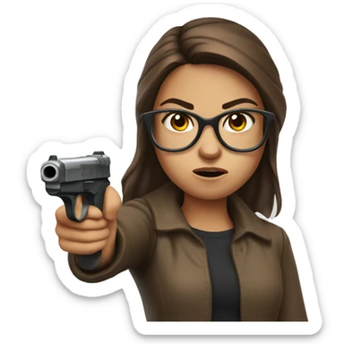 angry girl with brown hair wearing glasses shooting a fake gun  sticker