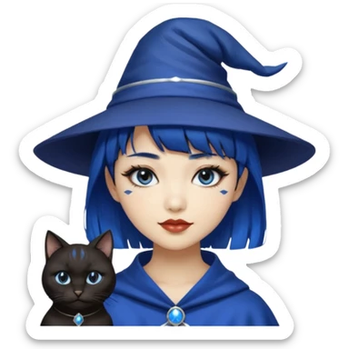 an asian short haired girl with electric blue highlighted short raven hair with bangs, with her silver left eye and dark brown right eye, with black cat eyed style eyeliner, and smirk of natural toned lipstick, with wizard hat with moon emblem on his hat. sticker