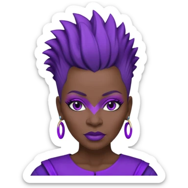 57yr old Qeen black woman with a natural hair mohawk style haircut adorning purple royalty clothing and purle lipstick and eyeshadow purple sticker