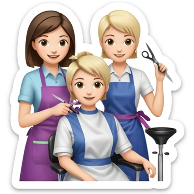 woman getting a haircut from a female hairstylist, both smiling, client sitting in chair with apron, hairstylist standing behind holding scissors sticker
