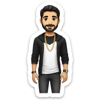 A strong Indian punjabi man wearing men silver chain,styled on a Full sleeve black tshirt,black hair white skin sticker