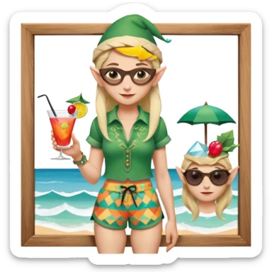 elf female legolas portrait, patterned board shorts (geometric/abstract), unique wooden-framed sunglasses, undercut hairstyle, slight smirk, visible pointy ears, no background, centered emoji, hipster summer vibe coctails with summer hat sticker