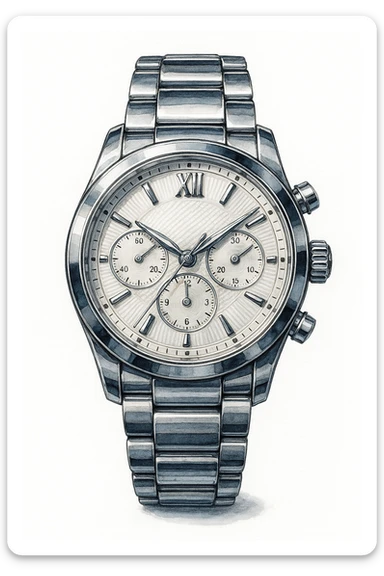 Сгенерируй мне часы металические, дорогие, в чуть рисованном стиле. На чисто белом фоне. БЕЗ НАДПИСЕЙ. Но при этом объмная и яркая sticker