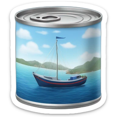 Realistic small can of tuna showing a blue sailling boat on a sea background sticker