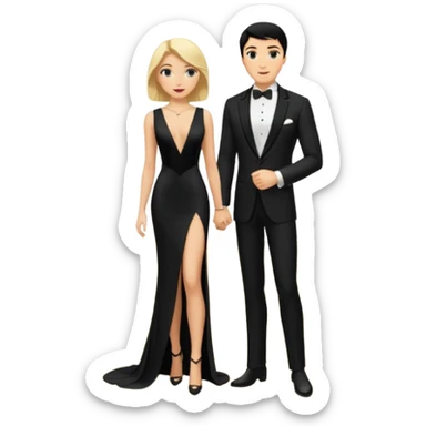 Blonde woman, black, Long, tight, sleveless Dress, Slot left Leg, man, black Hair, in Dinner jacket, Background ballroom sticker