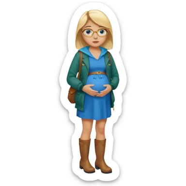 18 year-old pregnant between blonde and brown haired girl with golden glasses with blue eyes in a long bright blue dress and a dark green jacket over the dress and brown boots standing sassily sticker