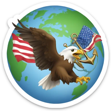 Eagle over the globe holding a flag with an anchor behind the world  sticker