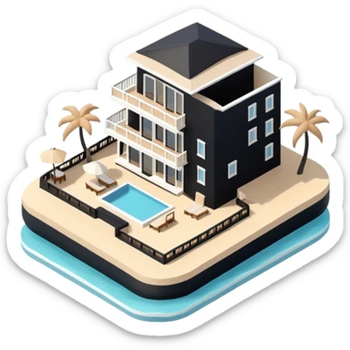 Isometric exterior little black, beige, and white modern beach resort, dollhouse style 3D realistic  sticker