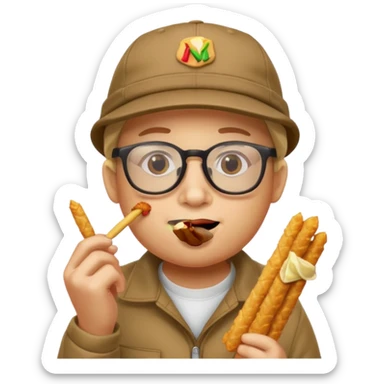 num num eatting hashbrown sticks with a cap and glasses sticker
