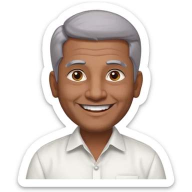 50 yr old indian man, dark skin, grey hair, big smile, white teeth, chubby, no moustache, clean shaven, young style hair, hair brushed back, 5 oclock shadow, bindy on forehead, dress shirt sticker
