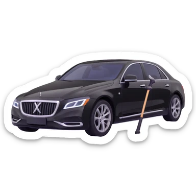 black luxury car with a visible dent, a hammer and a rod forming an X in the upper right part of the vehicle, reflection lamp illuminating the car, elegant and modern sticker