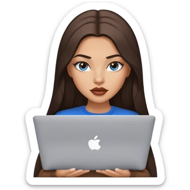 Glamours tanned very beautiful girl with big pump lips and dark chocolate straight smooth long hair, blue-grey eyes in brown clothing with MacBook sticker