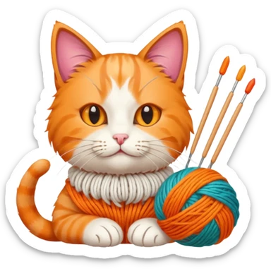 Cat who is knitting with balls of wool and knitting needles  sticker