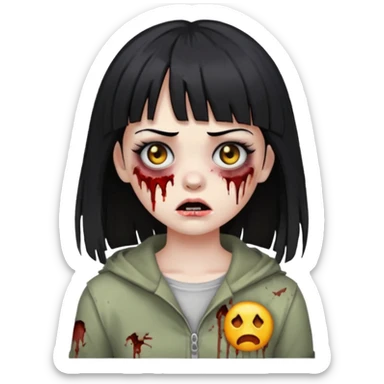 make a zombie girl emoji, with black hair and bangs above the eyebrow sticker