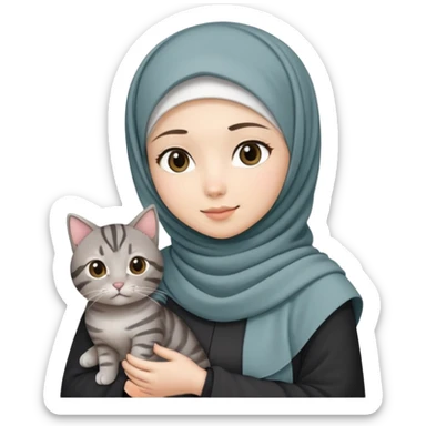 Asian White girl wearing hijab holding a black grey tabby cat while standing .  sticker
