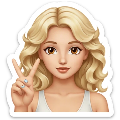 Luxury blonde model, brown eyes, wavy hair, doing a peace sign sticker