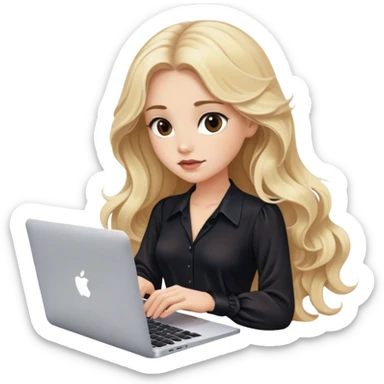 Blonde model with brown eyes, long wavy hair, black silky blouse, typing on MacBook  sticker