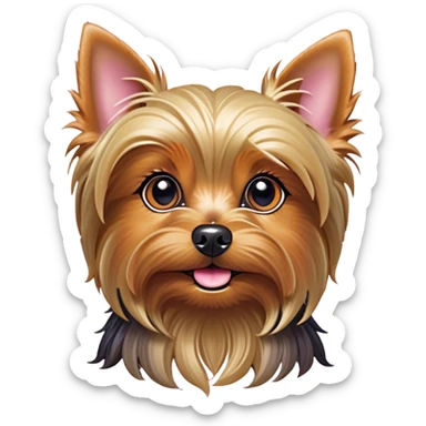 Cinematic Cute Yorkshire Terrier Portrait Emoji, Head perked with bright, twinkling eyes and a perky expression, showcasing a soft, silky fur in rich hues, simplified yet adorably detailed, glowing with a cheerful, inviting glow, high shine, exuding playful intelligence and spunky charm, styled with a gentle, whimsical outline, capturing the essence of a cute Yorkshire Terrier that appears ready to frolic off the screen with irresistible energy! sticker