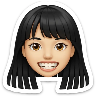 Woman a little tan with long black hairs and bangs, appearing teeth sticker