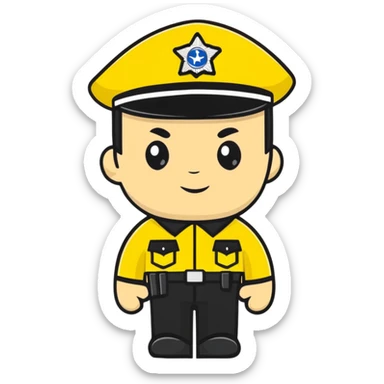 Russian police officer with yellow uniform and yellow police hat sticker
