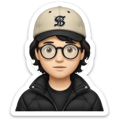 Young man wearing a black puffer jacket, black baseball cap with a small logo, round black glasses, wavy hair peeking out from under the  sticker