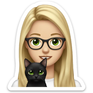 pretty white girl with dark green eyes, long dirty blonde hair, with square frame glasses. holding a black cat sticker