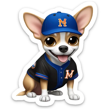 Chihuahua with a huge smile with a Black Mets uniform  sticker