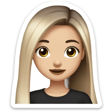 Slavic girl, light skin, long eye lashes, pink beige lips, brown eyes, long black-to-blonde ombre straight hair, black T-shirt, chibi, smiling. sticker