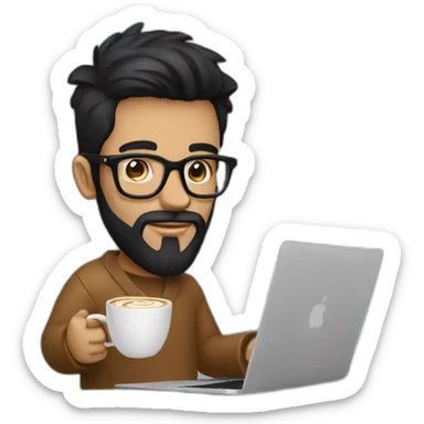 Designer with black hair, beard and glasses working with MacBook and drinking cappuccino  sticker